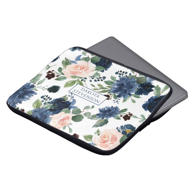 Chic Blooms | Navy Blue and Blush Floral Monogram Laptop Sleeve (Front Top)