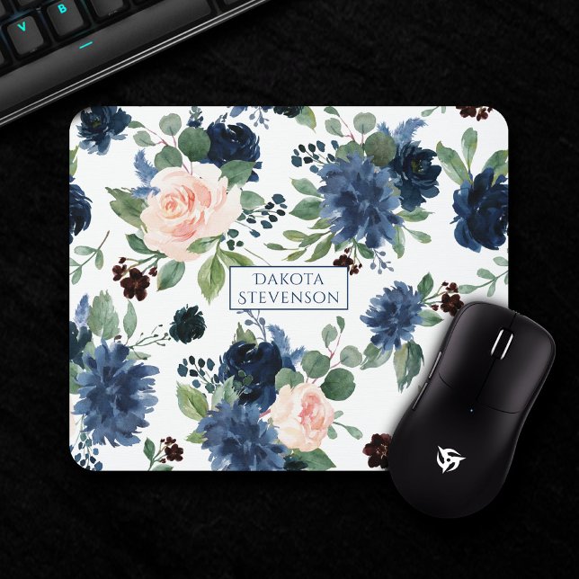 Chic Blooms | Navy Blue and Blush Floral Monogram Mouse Pad (Creator Uploaded)