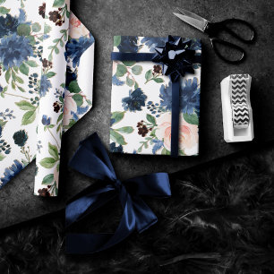 Chic Blooms   Navy Blue and Blush Floral Pattern Wrapping Paper