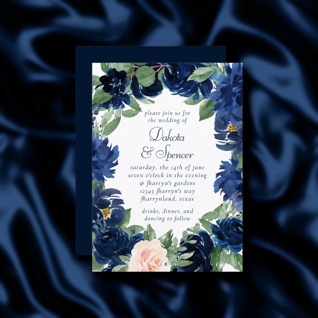 Chic Blooms | Navy Blue and Blush Floral Wedding Invitation (Creator Uploaded)