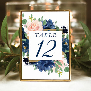 Chic Blooms   Navy Blue and Blush Floral Wreath Table Number