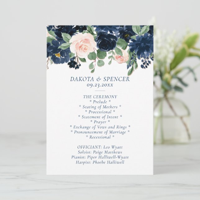 Chic Blooms | Navy Blue and Blush Garland Ceremony Program (Standing Front)