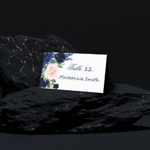 Chic Blooms Navy Blue and Blush Pink Floral Place Card