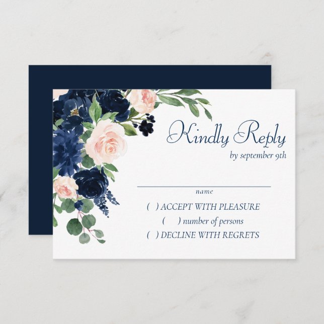 Chic Blooms | Navy Blue and Blush Pink Floral RSVP Card (Front/Back)