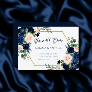 Chic Blooms   Navy Blue and Blush Pink Floral Save The Date