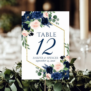 Chic Blooms Navy Blue and Blush Pink Floral Table Number