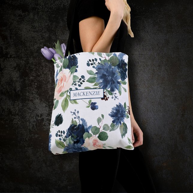 Chic Blooms | Navy Blue and Blush Pink Floral Tote Bag (Creator Uploaded)