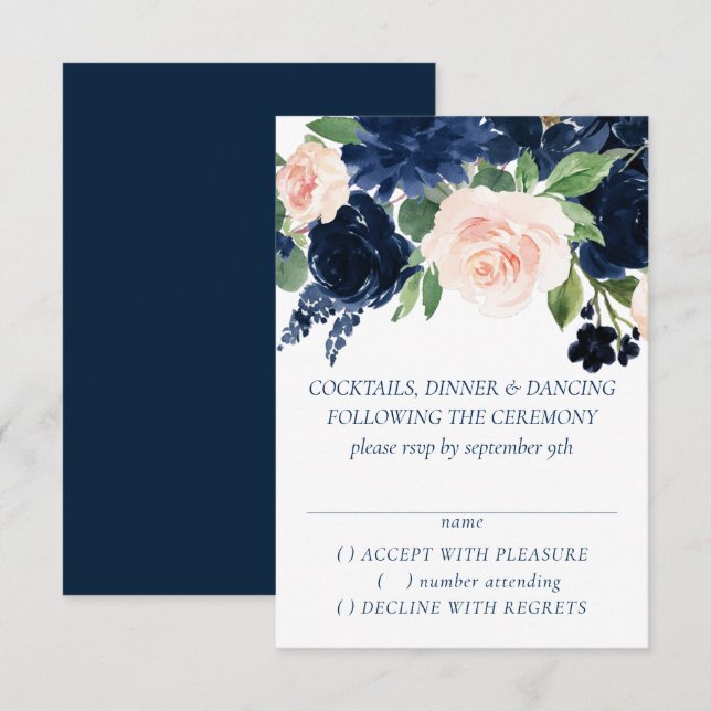 Chic Blooms | Navy Blue and Blush Pink Garland RSVP Card (Front/Back)