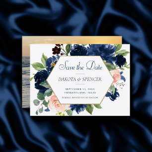 Chic Blooms Navy Blue and Blush Pink Gold Frame Save The Date