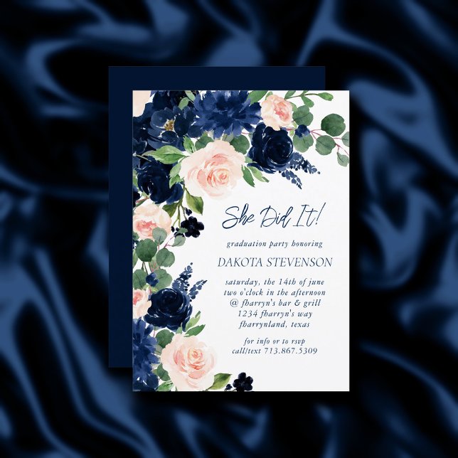 Chic Blooms | Navy Blue and Blush Pink Graduation Invitation (Creator Uploaded)