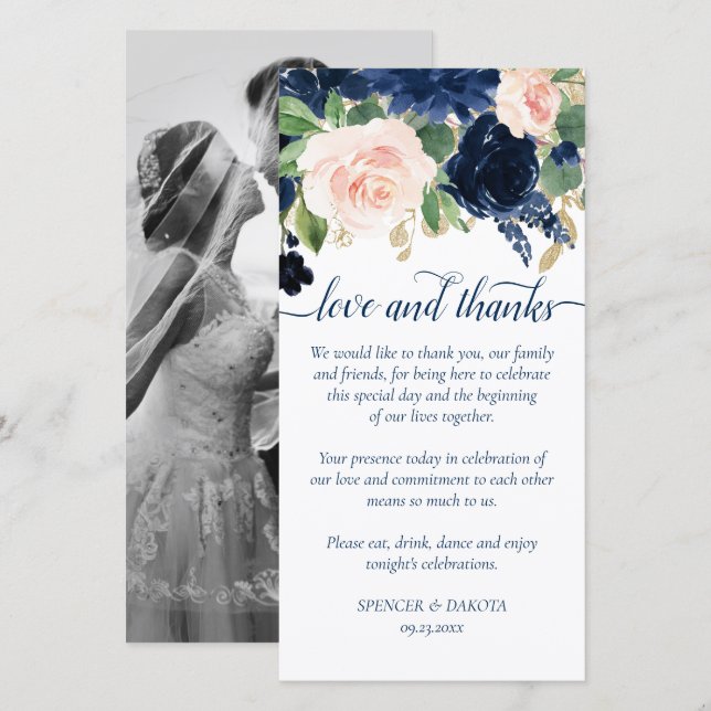 Chic Blooms | Navy Blue and Blush Pink Photo Love Thank You Card (Front/Back)