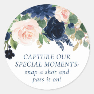 Chic Blooms   Navy Blue and Blush Pink Rose Camera Classic Round Sticker