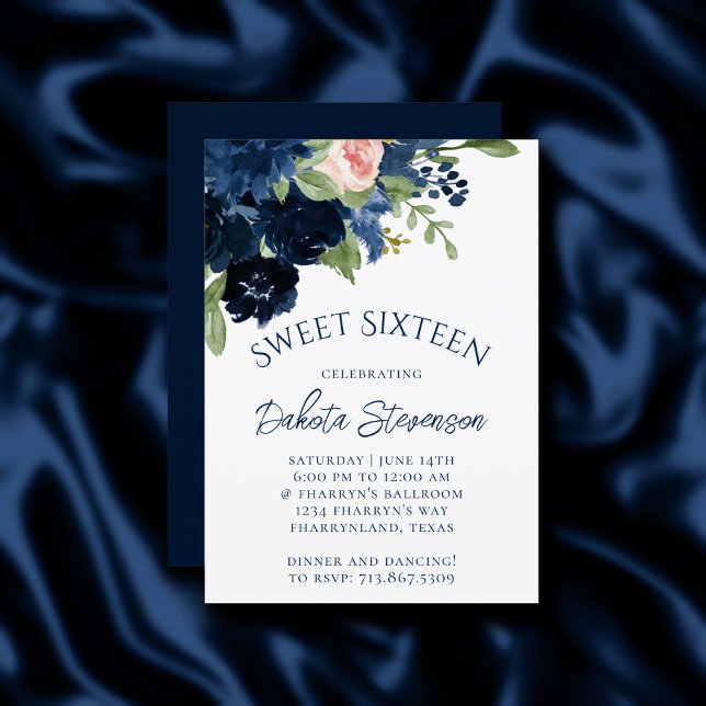 Chic Blooms | Navy Blue and Blush Pink Rose Floral Invitation (Creator Uploaded)