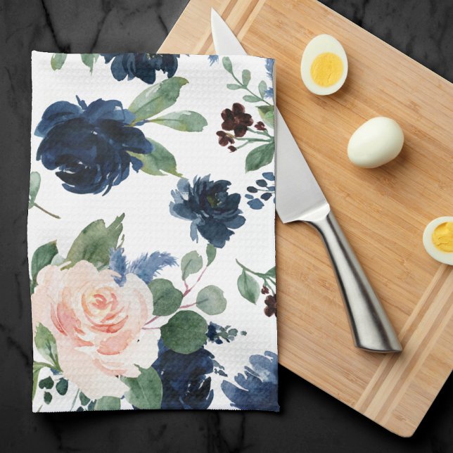 Chic Blooms | Navy Blue and Blush Rose Shimmer Tea Towel (Creator Uploaded)