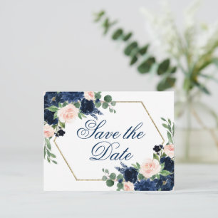 Chic Blooms   Navy Blue and Blush Save the Date Postcard