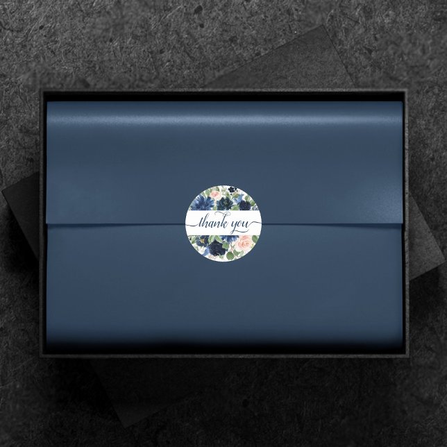 Chic Blooms | Navy Blue and Blush Thank You Classic Round Sticker (Creator Uploaded)