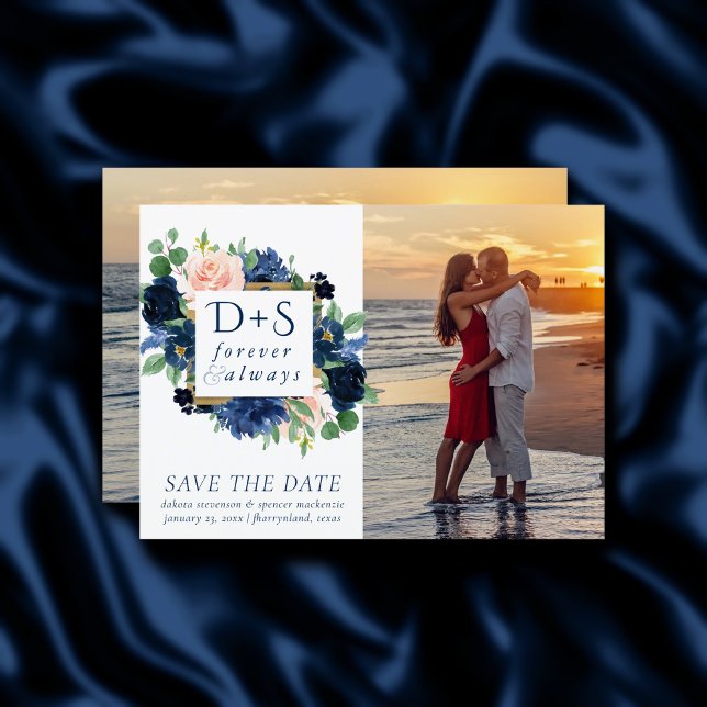 Chic Blooms | Romantic Navy Blue and Blush 2 Photo Save The Date (Creator Uploaded)