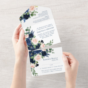 Chic Blooms Romantic Navy Blue and Blush Entree All In One Invitation