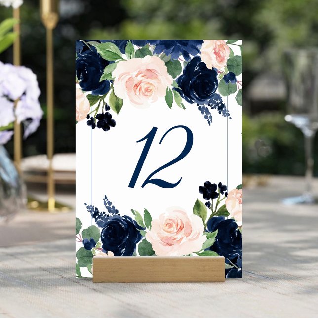 Chic Blooms | Romantic Navy Blue and Blush Floral Table Number (Creator Uploaded)
