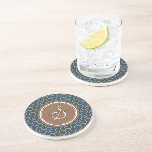 Chic blue abstract geometric pattern monogram coaster (Side)