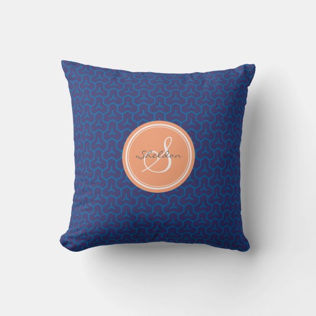 Chic blue abstract geometric pattern monogram cushion (Front)