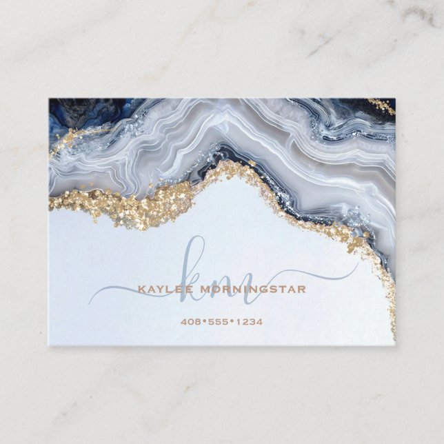 Chic Blue Agate Geode Gold Nuggets Business Card (Front)