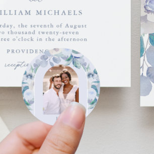 Chic Blue Airy Floral Monogram Photo Wedding Classic Round Sticker