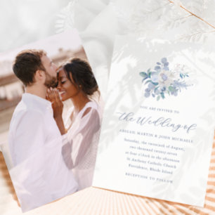 Chic Blue Airy Floral Photo Wedding Invitation