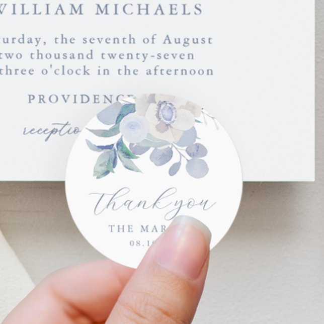 Chic Blue Airy Floral Wedding Thank You Classic Round Sticker (Creator Uploaded)