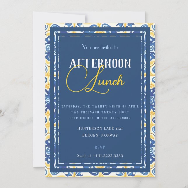 Chic Blue And Citrus Themed Invitation (Front)
