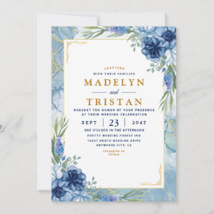 Chic Blue and Gold Floral Photo Wedding Invitation