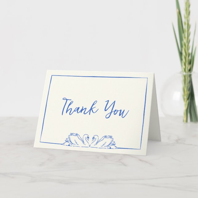 Chic Blue and Ivory Hand Drawn Swan Thank You (Front)