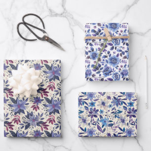 Chic Blue and Purple Floral Holiday Damask Pattern Wrapping Paper Sheet