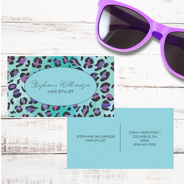 Chic Blue and Purple Leopard Print Monogram  Business Card (Creator Uploaded)