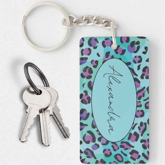 Chic Blue and Purple Leopard Print Monogram  Key Ring (Creator Uploaded)