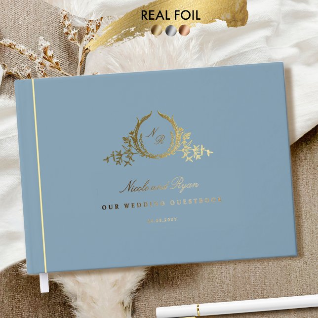 Chic Blue and Real Foil Monogrammed Wedding Guest Book (Creator Uploaded)