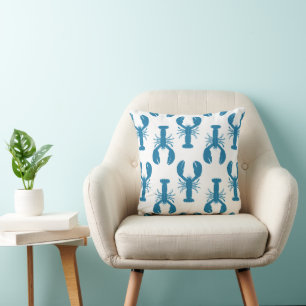 Chic Blue and White Coastal Lobster Patterned Cushion