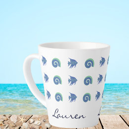 Chic Blue and White Fish Shells Beach House Latte Mug