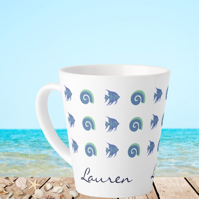 Chic Blue and White Fish Shells Beach House Latte Mug (Creator Uploaded)