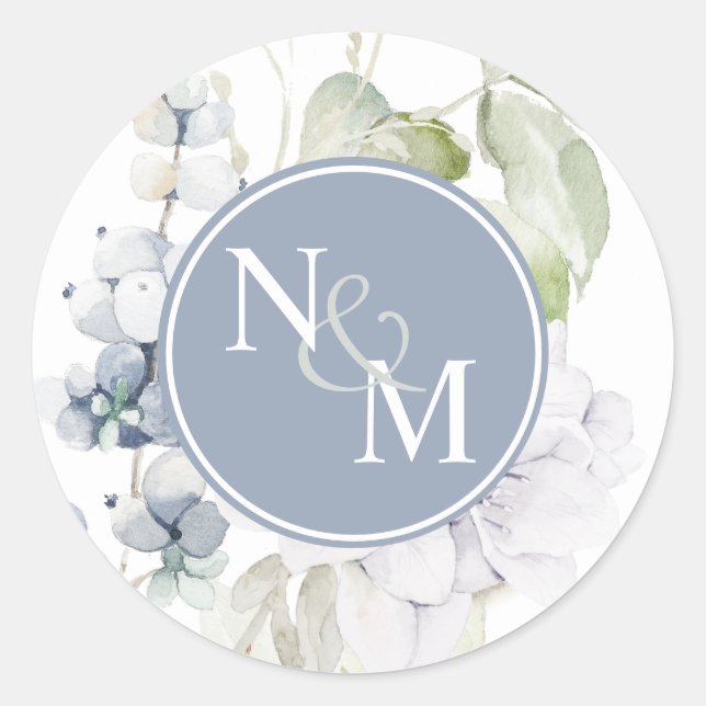Chic Blue and White Floral Monogram Envelope Seal (Front)