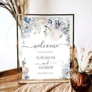 Chic Blue and White Floral Wedding Welcome Poster