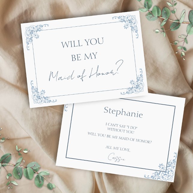Chic Blue and White Maid of Honour Proposal Card (elegant blue and white vintage minimalist will you be my maid of honor bridal proposal for matrons)