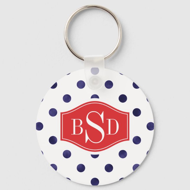 Chic blue and white polka dots patterns monogram key ring (Front)