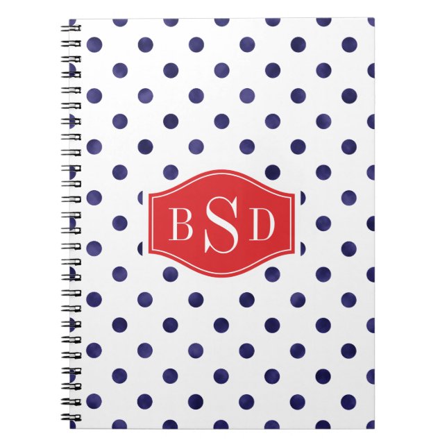 Chic blue and white polka dots patterns monogram notebook (Front)