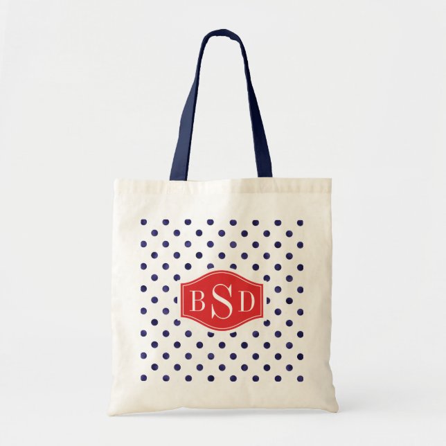 Chic blue and white polka dots patterns monogram tote bag (Front)