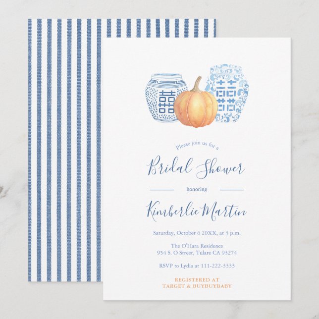 Chic Blue And White Pottery Pumpkins Bridal Shower Invitation (Front/Back)