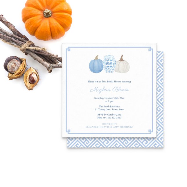 Chic Blue And White Pumpkin Fall Bridal Shower Invitation (Square light blue white pumpkins with ginger jar. Greek Key pattern on reverse and border on front)