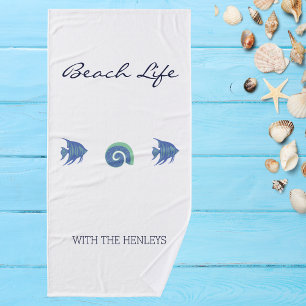 Chic Blue and White Sea Life Family Beach House Bath Towel Set