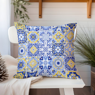 Chic Blue and Yellow Mediterranean Pattern Outdoor Cushion
