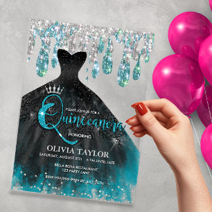 Chic blue aqua crystal drips Quinceanera  Acrylic Invitations